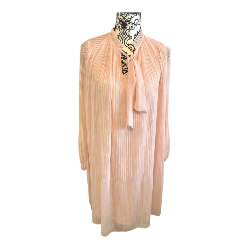 DKNY Long Sleeve Tie Neck Pink Pleated Shift Dress